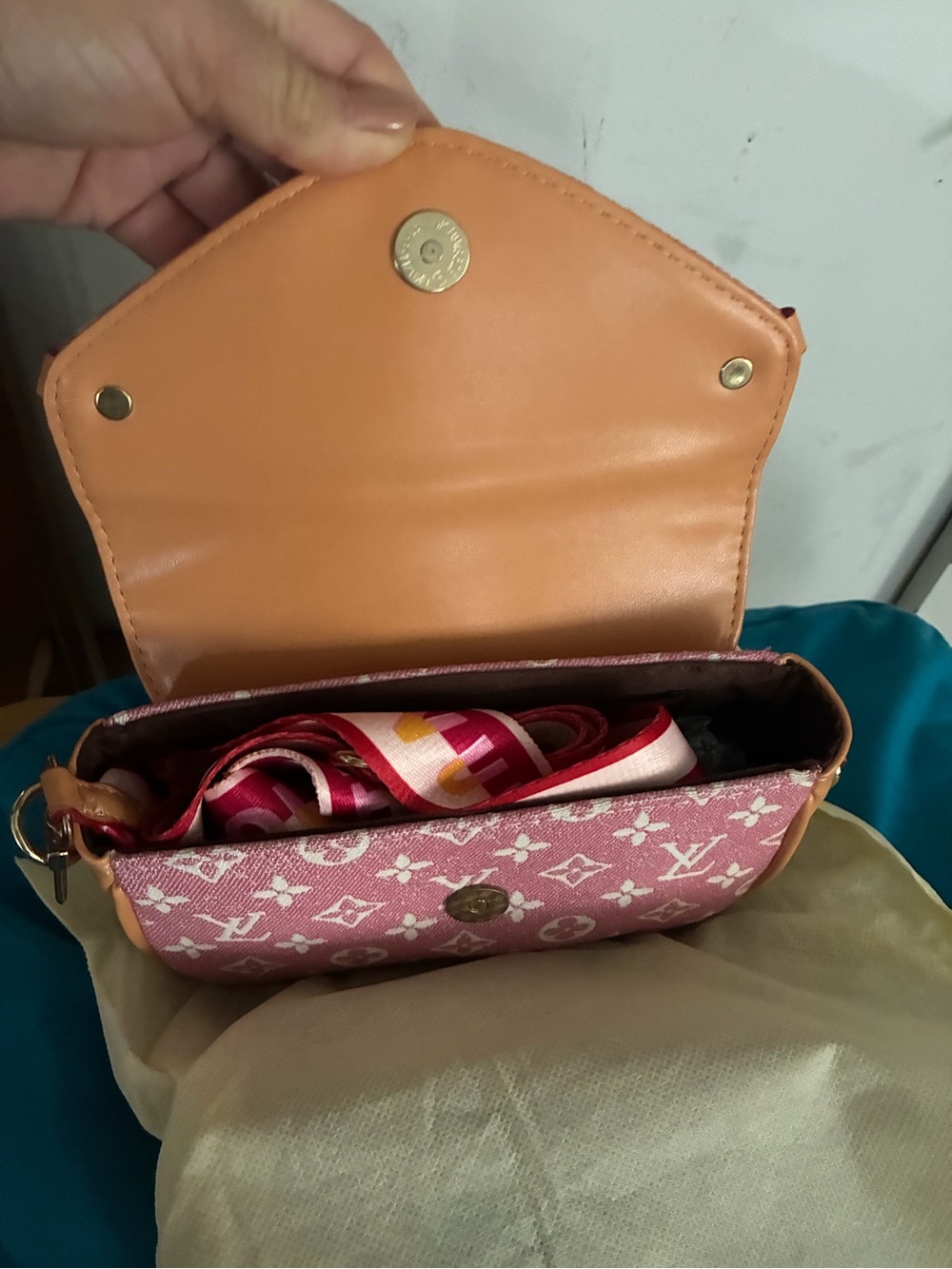 Pink Fashion Women's  Crossbody Bag with Tan Flap and wide strap